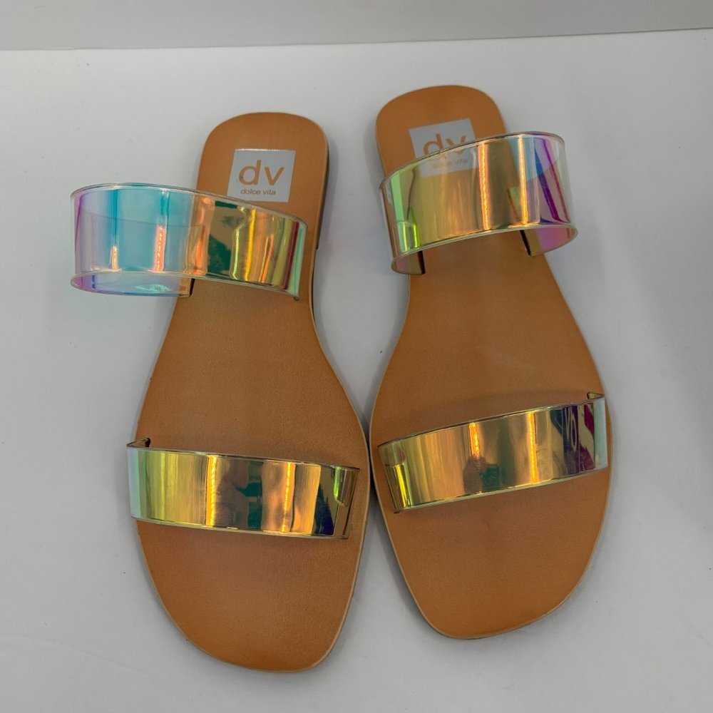 DV Dolce Vita Jane Iridescent double strap flat slide clear sandal new 8.5 - Picture 2 of 9